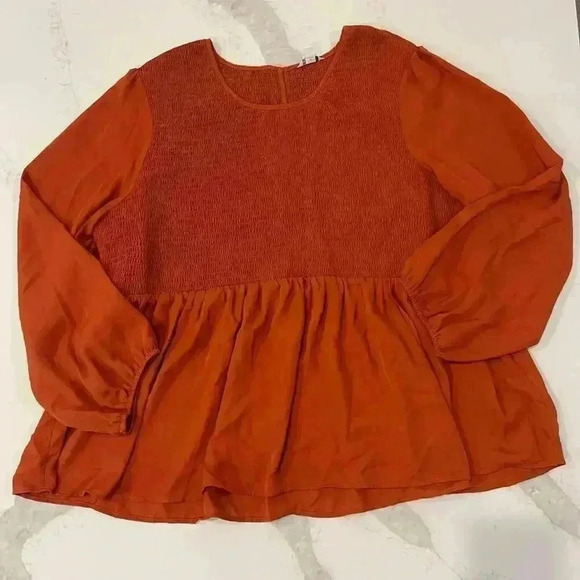 Cato Burnt Orange Smocked Peplum Blouse Women’s 22/24W Keyhole Back Scoop Neck - Picture 1 of 6